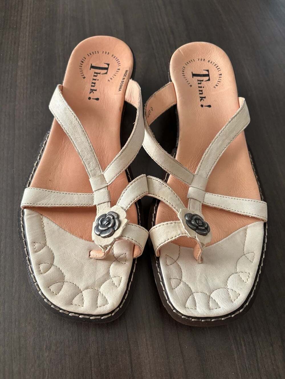 Think! Women's Leather Floral Thong Wedge Sandals